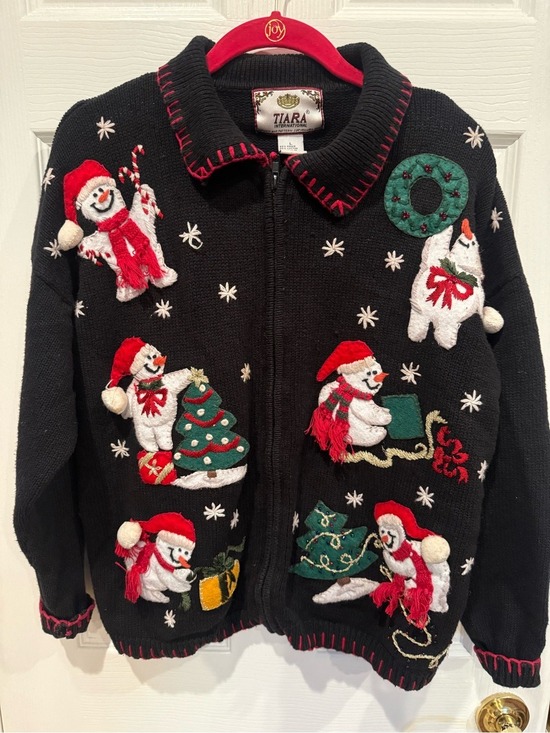 Tiara International Sweaters - Tiara International Vtg Christmas Snowman Full Zip Cardigan L Holiday Whimsical